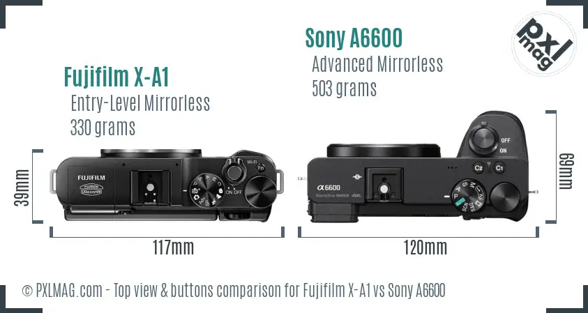 Fujifilm X-A1 vs Sony A6600 top view buttons comparison