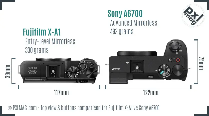 Fujifilm X-A1 vs Sony A6700 top view buttons comparison Fujifilm X-A1 vs Sony A6700 top view buttons comparison