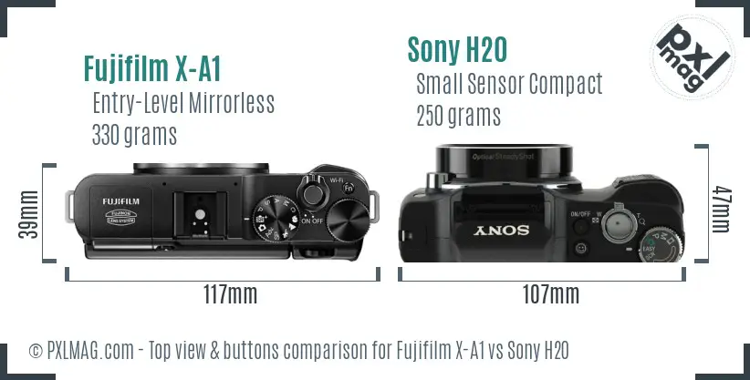 Fujifilm X-A1 vs Sony H20 top view buttons comparison