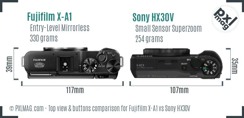 Fujifilm X-A1 vs Sony HX30V top view buttons comparison