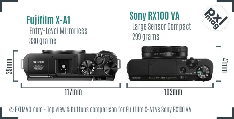 Fujifilm X-A1 vs Sony RX100 VA top view buttons comparison