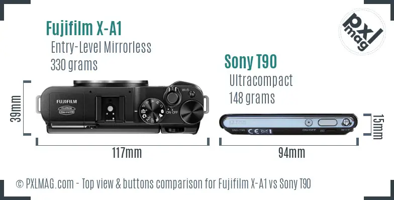 Fujifilm X-A1 vs Sony T90 top view buttons comparison