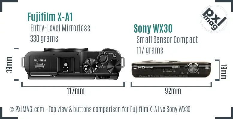 Fujifilm X-A1 vs Sony WX30 top view buttons comparison