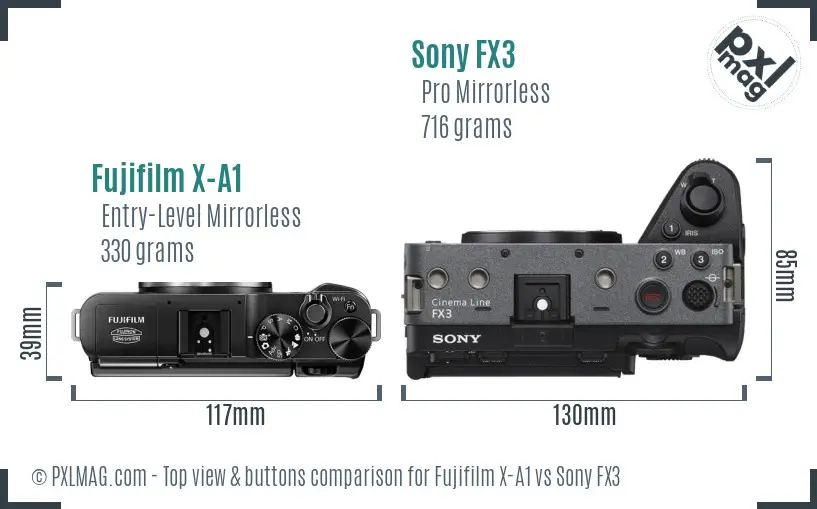 Fujifilm X-A1 vs Sony FX3 top view buttons comparison