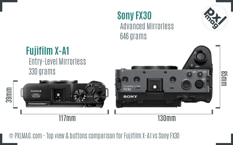 Fujifilm X-A1 vs Sony FX30 top view buttons comparison Fujifilm X-A1 vs Sony FX30 top view buttons comparison