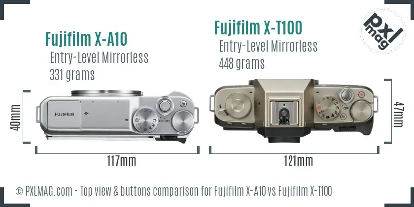 Fujifilm X-A10 vs Fujifilm X-T100 top view buttons comparison