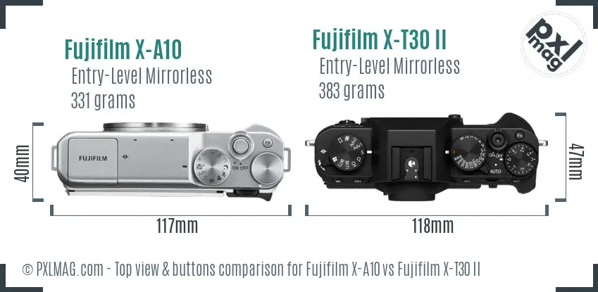 Fujifilm X-A10 vs Fujifilm X-T30 II top view buttons comparison