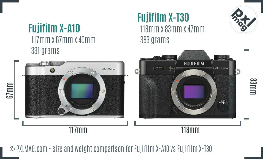Fujifilm X-A10 vs Fujifilm X-T30 size comparison