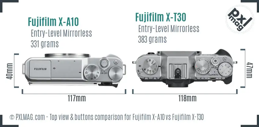Fujifilm X-A10 vs Fujifilm X-T30 top view buttons comparison