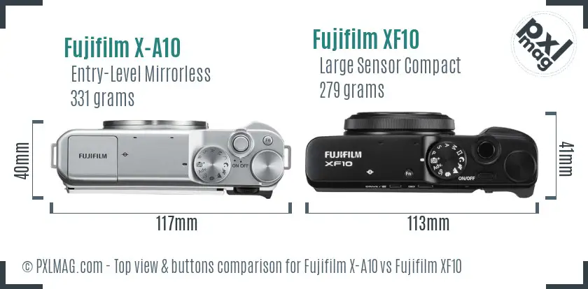 Fujifilm X-A10 vs Fujifilm XF10 top view buttons comparison Fujifilm X-A10 vs Fujifilm XF10 top view buttons comparison