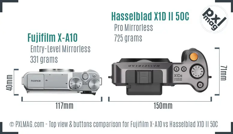 Fujifilm X-A10 vs Hasselblad X1D II 50C top view buttons comparison Fujifilm X-A10 vs Hasselblad X1D II 50C top view buttons comparison
