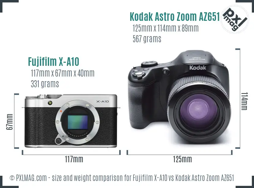 Fujifilm X-A10 vs Kodak Astro Zoom AZ651 size comparison