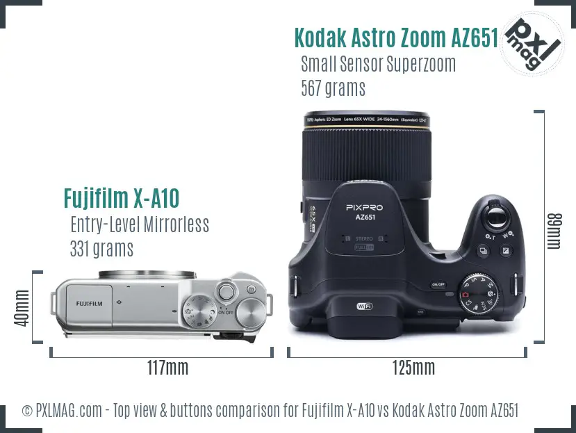 Fujifilm X-A10 vs Kodak Astro Zoom AZ651 top view buttons comparison