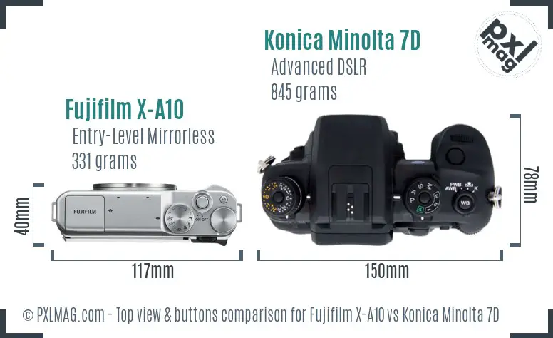 Fujifilm X-A10 vs Konica Minolta 7D top view buttons comparison Fujifilm X-A10 vs Konica Minolta 7D top view buttons comparison
