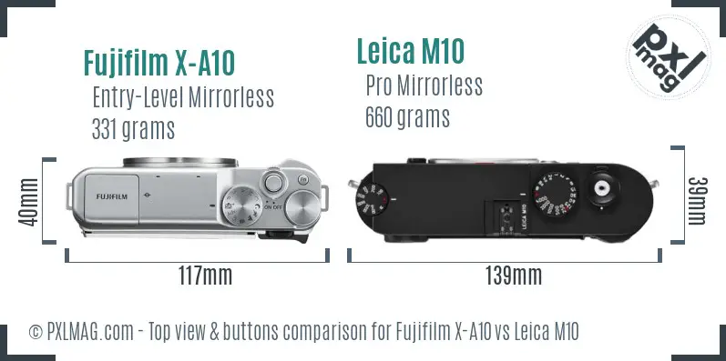 Fujifilm X-A10 vs Leica M10 top view buttons comparison