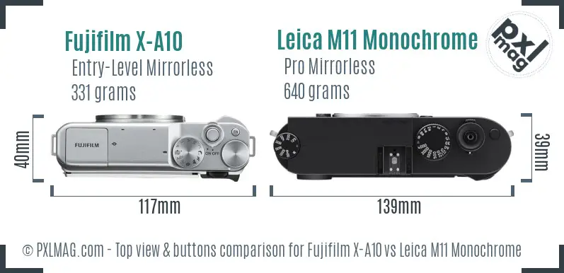 Fujifilm X-A10 vs Leica M11 Monochrome top view buttons comparison Fujifilm X-A10 vs Leica M11 Monochrome top view buttons comparison