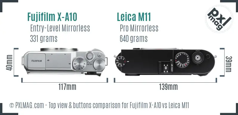 Fujifilm X-A10 vs Leica M11 top view buttons comparison