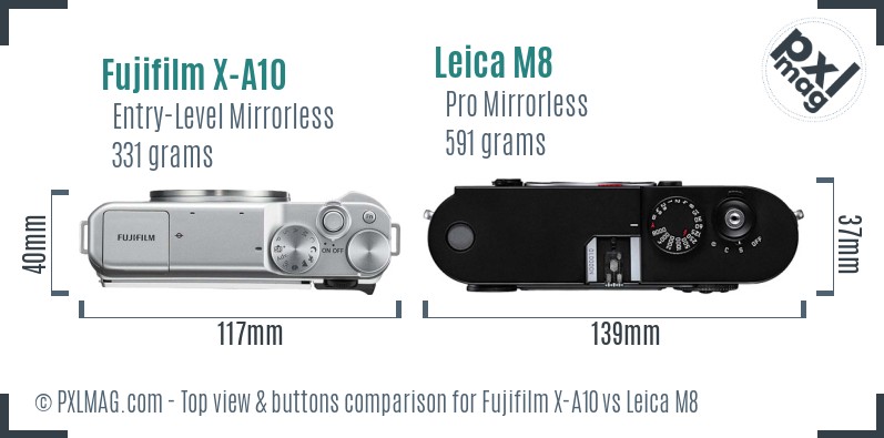 Fujifilm X-A10 vs Leica M8 top view buttons comparison