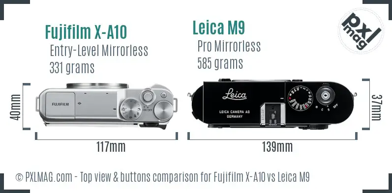 Fujifilm X-A10 vs Leica M9 top view buttons comparison