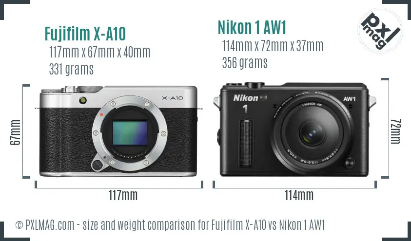 Fujifilm X-A10 vs Nikon 1 AW1 size comparison