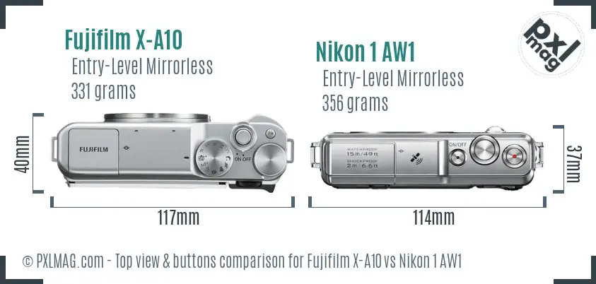 Fujifilm X-A10 vs Nikon 1 AW1 top view buttons comparison
