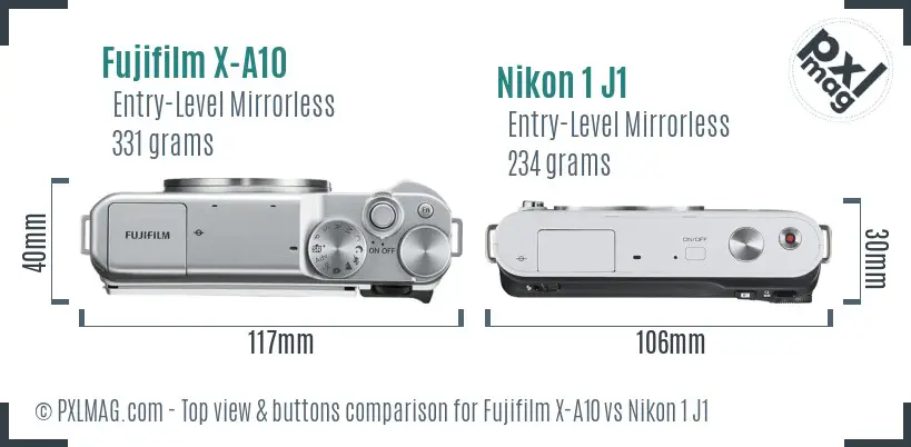 Fujifilm X-A10 vs Nikon 1 J1 top view buttons comparison