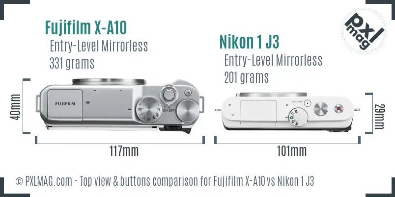 Fujifilm X-A10 vs Nikon 1 J3 top view buttons comparison Fujifilm X-A10 vs Nikon 1 J3 top view buttons comparison