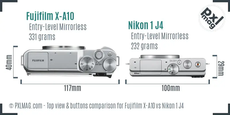 Fujifilm X-A10 vs Nikon 1 J4 top view buttons comparison