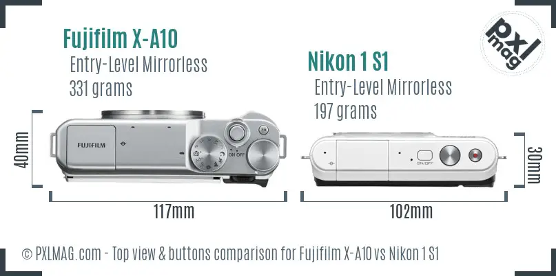Fujifilm X-A10 vs Nikon 1 S1 top view buttons comparison
