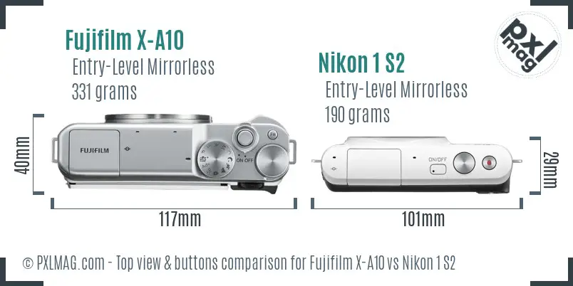 Fujifilm X-A10 vs Nikon 1 S2 top view buttons comparison
