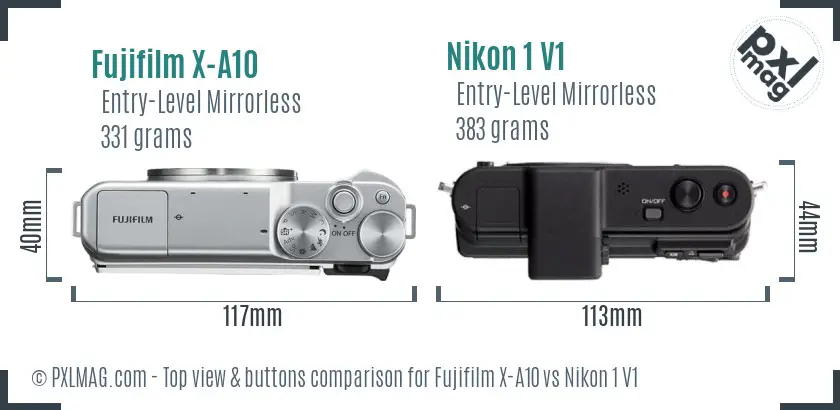 Fujifilm X-A10 vs Nikon 1 V1 top view buttons comparison