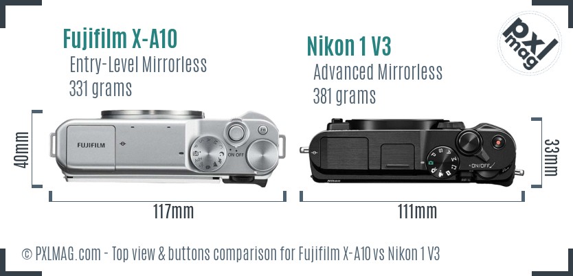 Fujifilm X-A10 vs Nikon 1 V3 top view buttons comparison