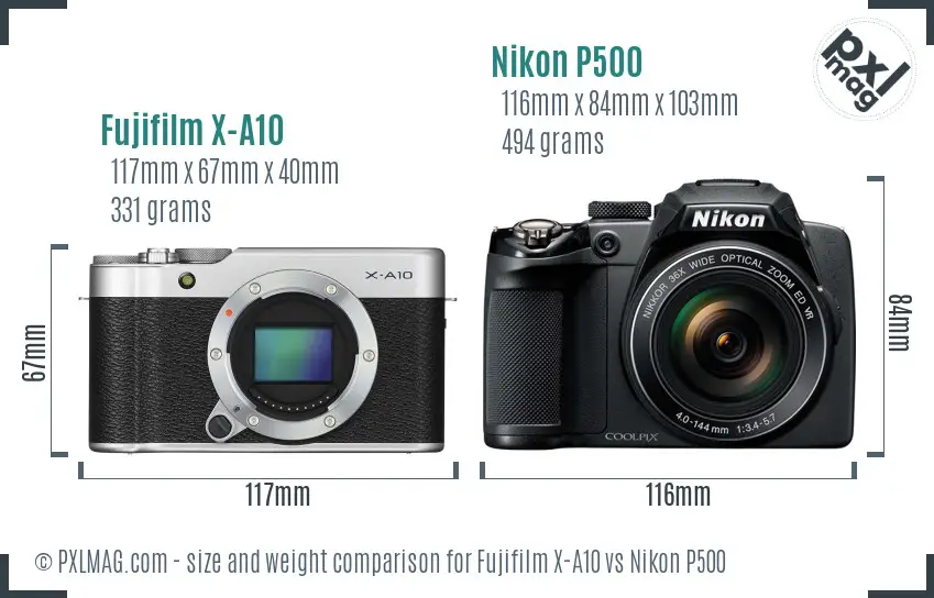 Fujifilm X-A10 vs Nikon P500 size comparison