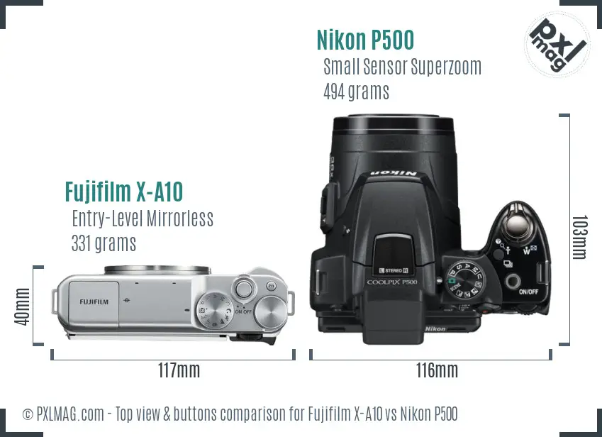 Fujifilm X-A10 vs Nikon P500 top view buttons comparison