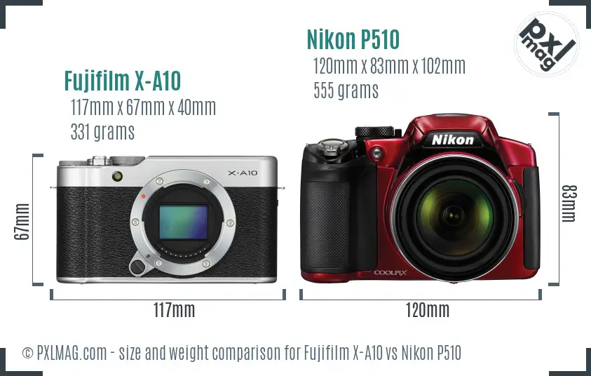 Fujifilm X-A10 vs Nikon P510 size comparison