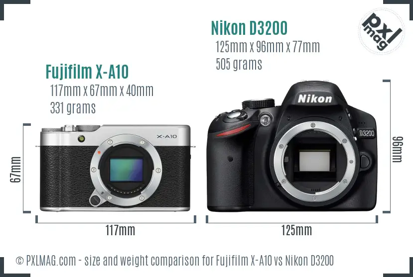 Fujifilm X-A10 vs Nikon D3200 size comparison
