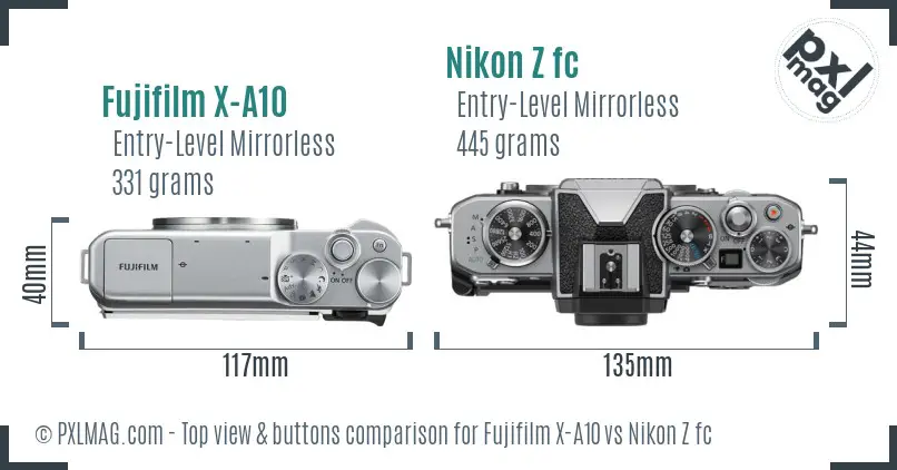 Fujifilm X-A10 vs Nikon Z fc top view buttons comparison Fujifilm X-A10 vs Nikon Z fc top view buttons comparison