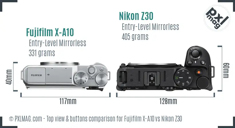 Fujifilm X-A10 vs Nikon Z30 top view buttons comparison Fujifilm X-A10 vs Nikon Z30 top view buttons comparison