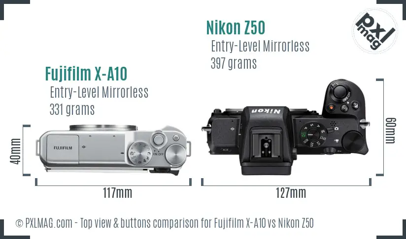 Fujifilm X-A10 vs Nikon Z50 top view buttons comparison Fujifilm X-A10 vs Nikon Z50 top view buttons comparison