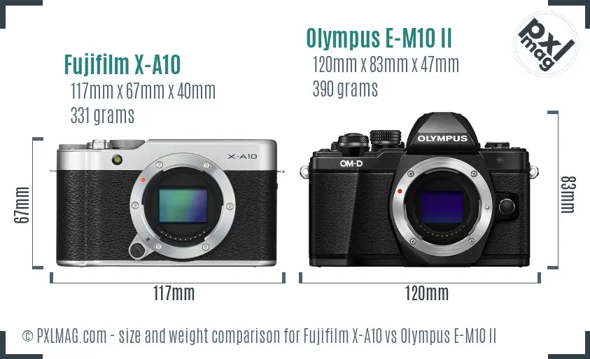 Fujifilm X-A10 vs Olympus E-M10 II size comparison