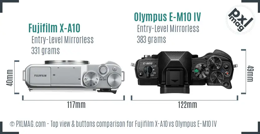 Fujifilm X-A10 vs Olympus E-M10 IV top view buttons comparison Fujifilm X-A10 vs Olympus E-M10 IV top view buttons comparison
