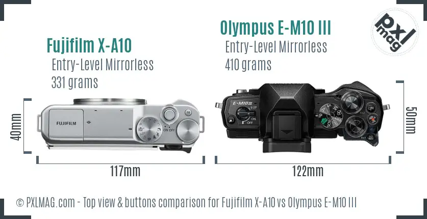 Fujifilm X-A10 vs Olympus E-M10 III top view buttons comparison