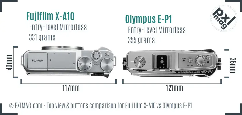 Fujifilm X-A10 vs Olympus E-P1 top view buttons comparison Fujifilm X-A10 vs Olympus E-P1 top view buttons comparison