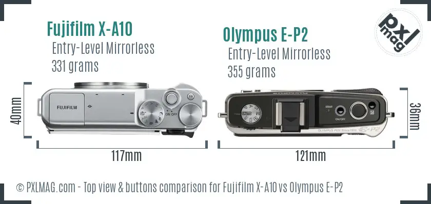 Fujifilm X-A10 vs Olympus E-P2 top view buttons comparison