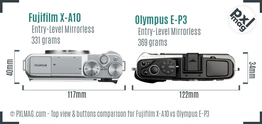 Fujifilm X-A10 vs Olympus E-P3 top view buttons comparison Fujifilm X-A10 vs Olympus E-P3 top view buttons comparison