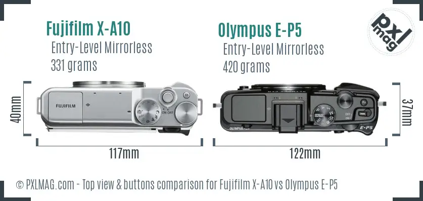 Fujifilm X-A10 vs Olympus E-P5 top view buttons comparison