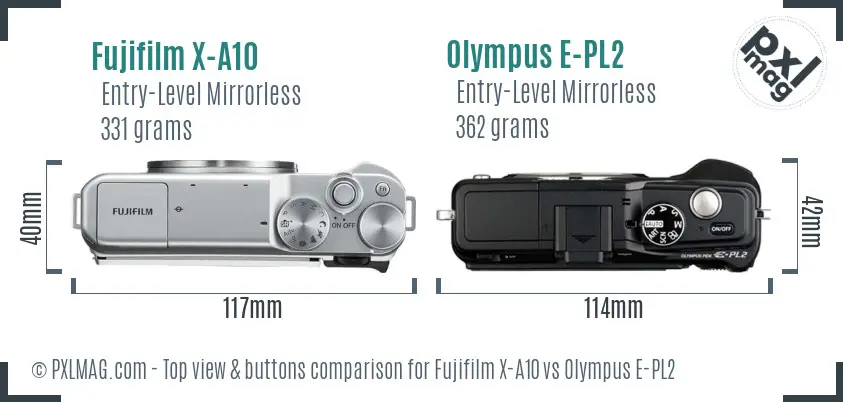 Fujifilm X-A10 vs Olympus E-PL2 top view buttons comparison Fujifilm X-A10 vs Olympus E-PL2 top view buttons comparison