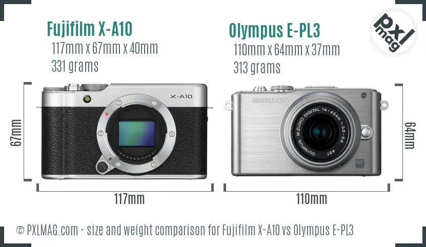 Fujifilm X-A10 vs Olympus E-PL3 size comparison