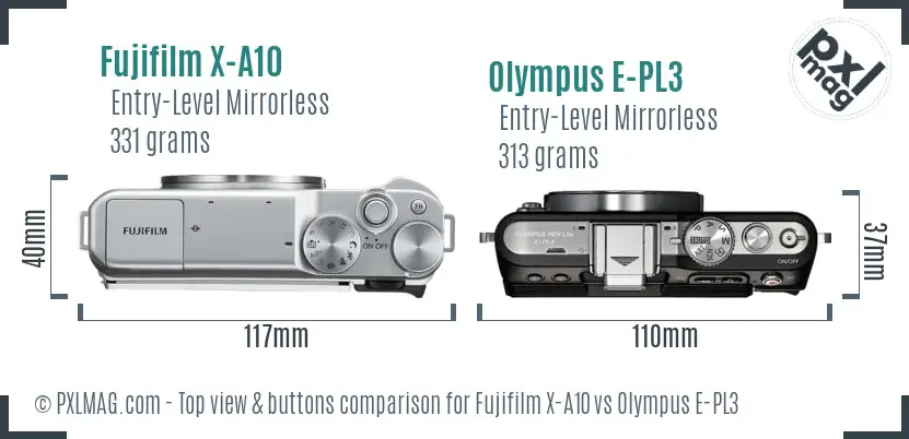 Fujifilm X-A10 vs Olympus E-PL3 top view buttons comparison