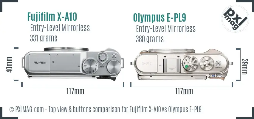 Fujifilm X-A10 vs Olympus E-PL9 top view buttons comparison